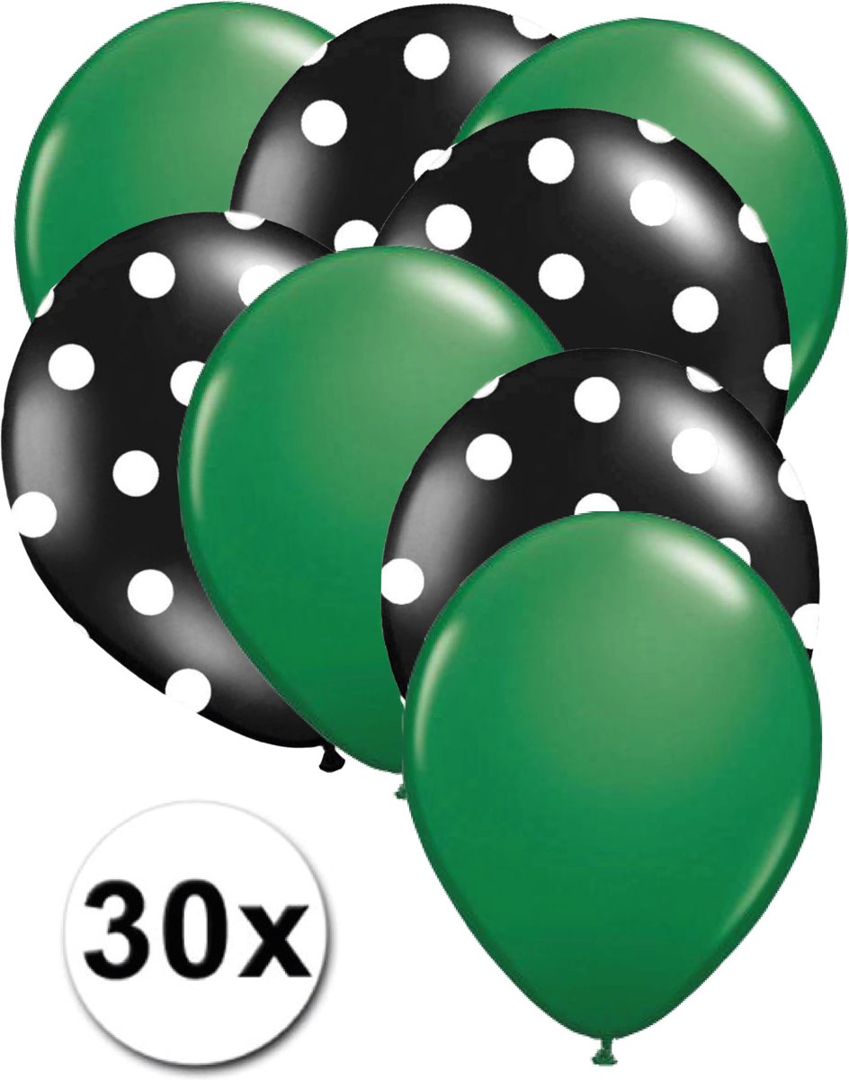 Ballonnen Groen & Dots Zwart/Wit 30 stuks 27 cm